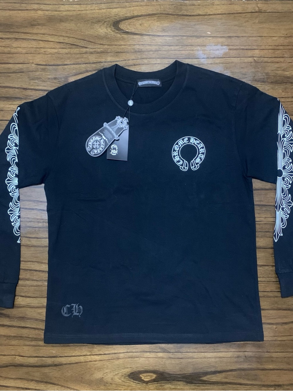 Chrome Hearts Black Long Sleeve Tee with White Sleeve Graphics